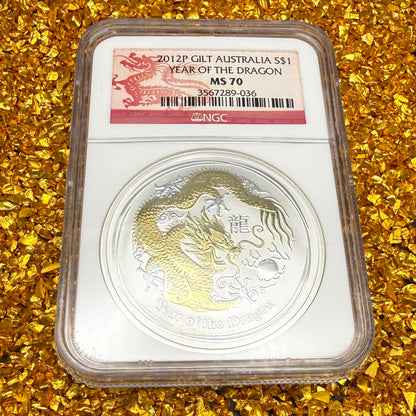 2012 P Silver $1 Australia Lunar Series II Year of the Dragon Gold Gilt NGC MS70 Red Lunar Label