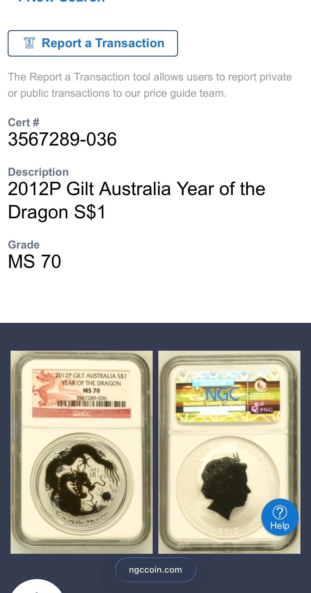 2012 P Silver $1 Australia Lunar Series II Year of the Dragon Gold Gilt NGC MS70 Red Lunar Label