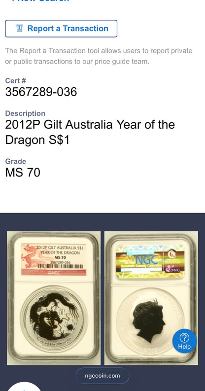 2012 P Silver $1 Australia Lunar Series II Year of the Dragon Gold Gilt NGC MS70 Red Lunar Label