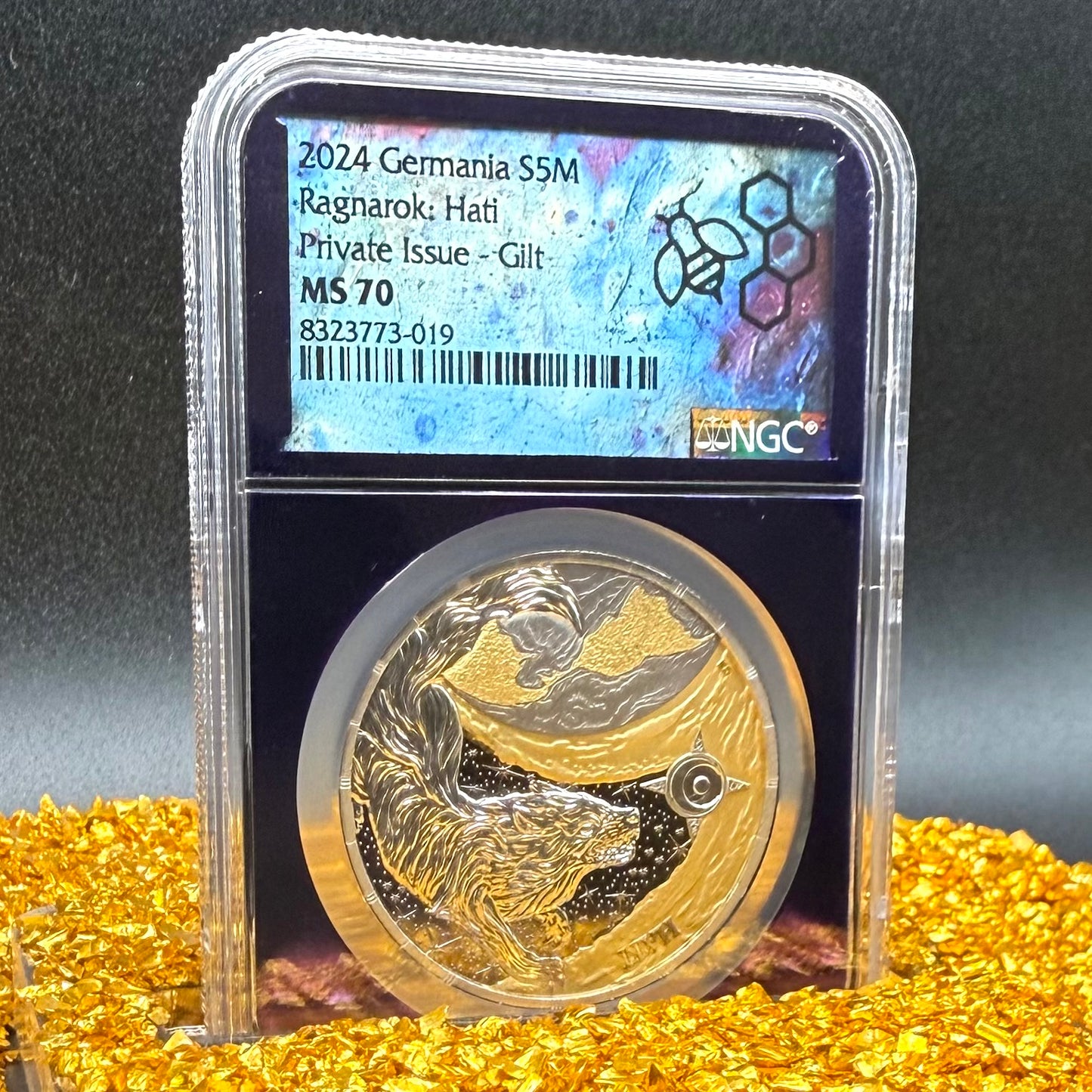 2024 1 oz .9999 Silver Private Issue NGS MS70 Ragnarok Hati 24K Gold Gilt Finish Trader Bea Purple Holder Mint