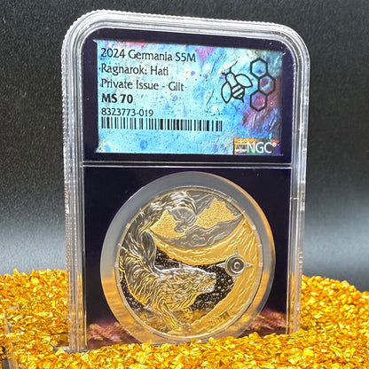 2024 1 oz .9999 Silver Private Issue NGS MS70 Ragnarok Hati 24K Gold Gilt Finish Trader Bea Purple Holder Mint