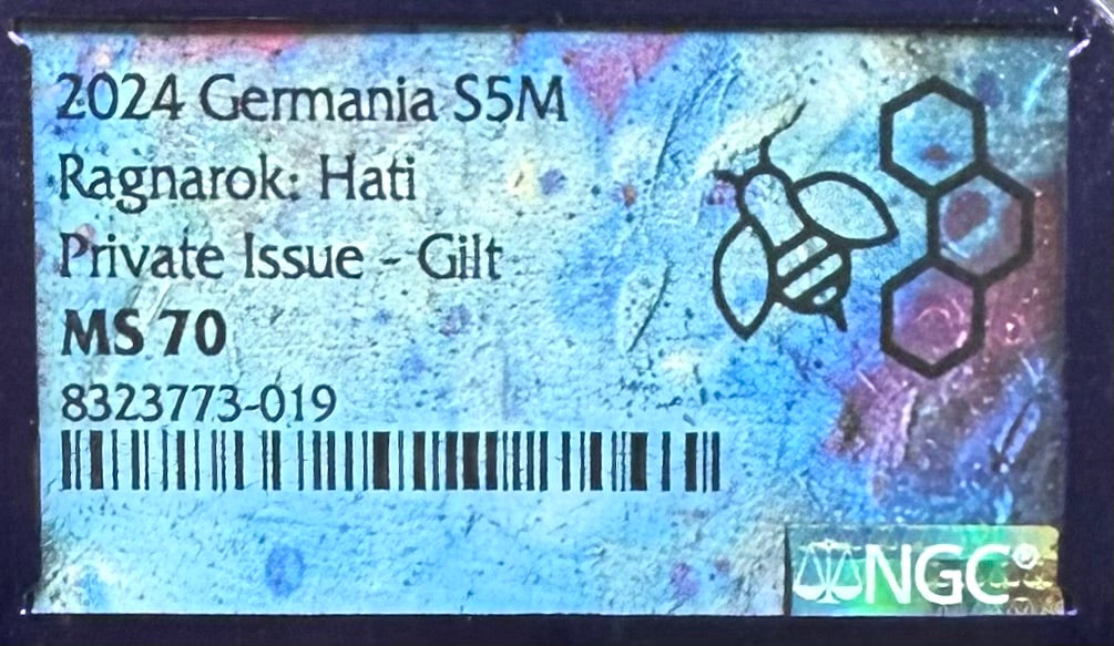 2024 1 oz .9999 Silver Private Issue NGS MS70 Ragnarok Hati 24K Gold Gilt Finish Trader Bea Purple Holder Mint