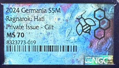 2024 1 oz .9999 Silver Private Issue NGS MS70 Ragnarok Hati 24K Gold Gilt Finish Trader Bea Purple Holder Mint
