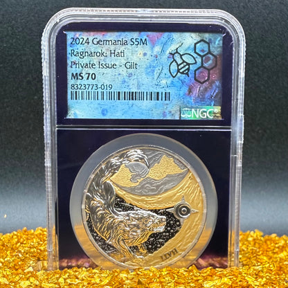 2024 1 oz .9999 Silver Private Issue NGS MS70 Ragnarok Hati 24K Gold Gilt Finish Trader Bea Purple Holder Mint