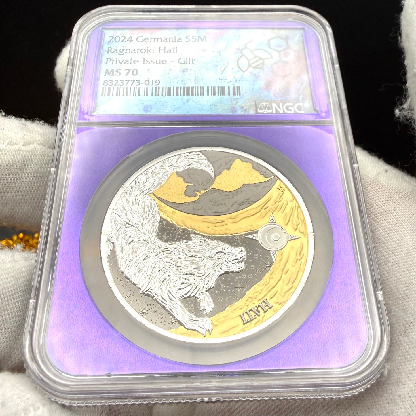 2024 1 oz .9999 Silver Private Issue NGS MS70 Ragnarok Hati 24K Gold Gilt Finish Trader Bea Purple Holder Mint