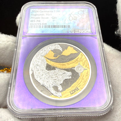 2024 1 oz .9999 Silver Private Issue NGS MS70 Ragnarok Hati 24K Gold Gilt Finish Trader Bea Purple Holder Mint