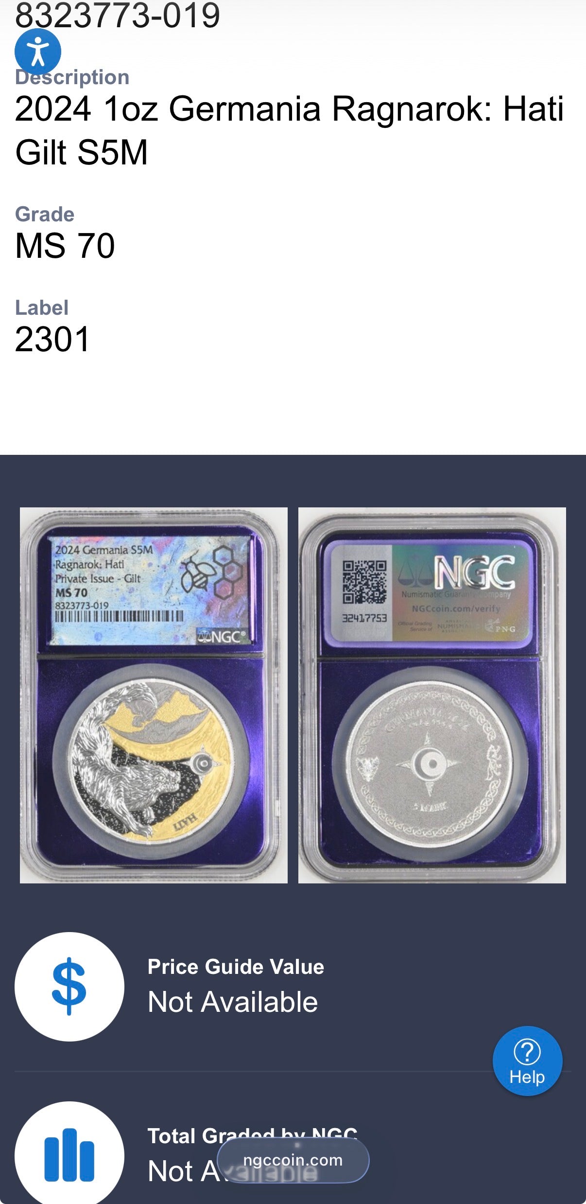 2024 1 oz .9999 Silver Private Issue NGS MS70 Ragnarok Hati 24K Gold Gilt Finish Trader Bea Purple Holder Mint