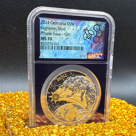 2024 1 oz .9999 Silver Private Issue NGC MS70 Ragnarok Skoll 24K Gold Gilt Finish Trader Bea Purple Holder Mint