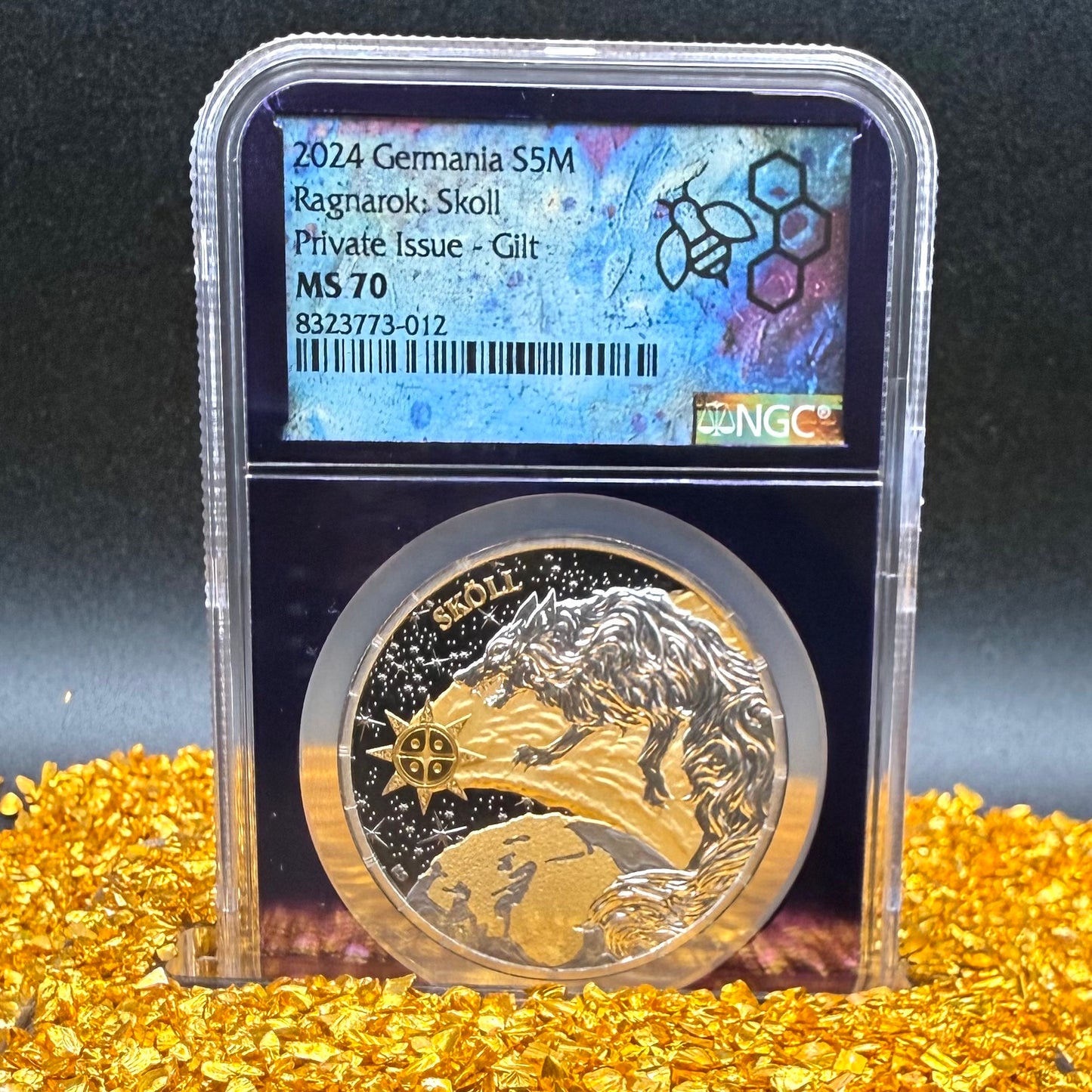 2024 1 oz .9999 Silver Private Issue NGC MS70 Ragnarok Skoll 24K Gold Gilt Finish Trader Bea Purple Holder Mint