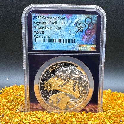 2024 1 oz .9999 Silver Private Issue NGC MS70 Ragnarok Skoll 24K Gold Gilt Finish Trader Bea Purple Holder Mint