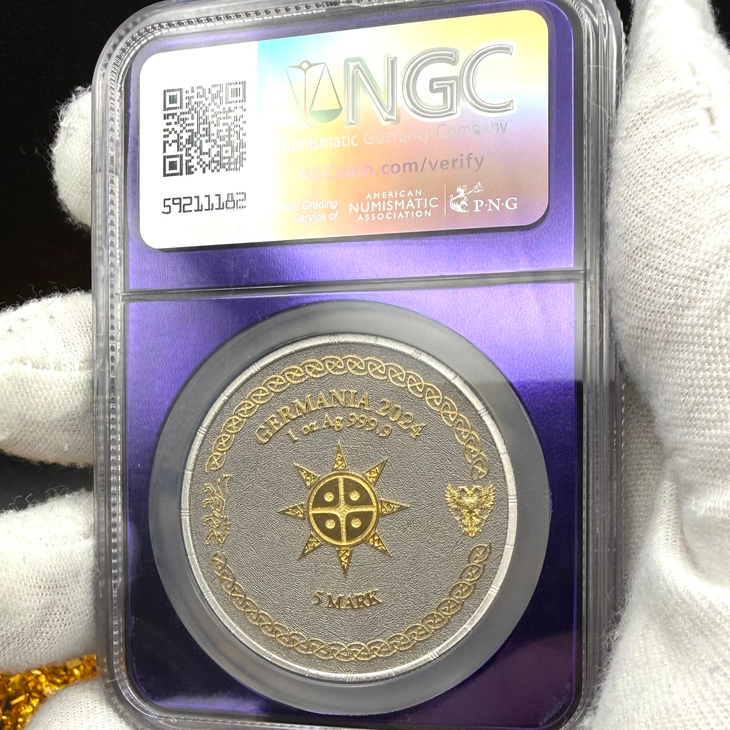 2024 1 oz .9999 Silver Private Issue NGC MS70 Ragnarok Skoll 24K Gold Gilt Finish Trader Bea Purple Holder Mint