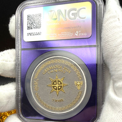 2024 1 oz .9999 Silver Private Issue NGC MS70 Ragnarok Skoll 24K Gold Gilt Finish Trader Bea Purple Holder Mint