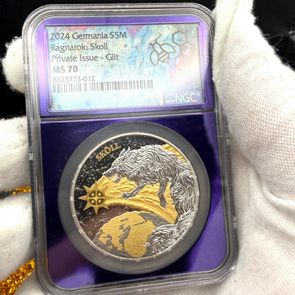 2024 1 oz .9999 Silver Private Issue NGC MS70 Ragnarok Skoll 24K Gold Gilt Finish Trader Bea Purple Holder Mint