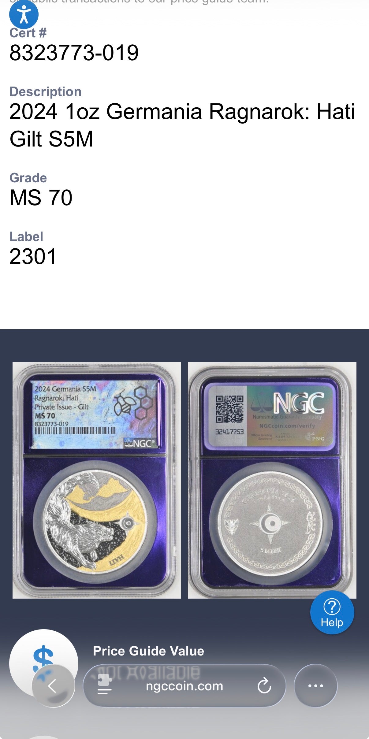2024 1 oz .9999 Silver Private Issue NGC MS70 Ragnarok Skoll 24K Gold Gilt Finish Trader Bea Purple Holder Mint