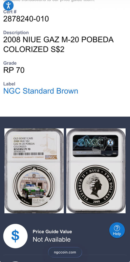 2008 Reverse Proof Niue Silver Dollar $2 NGC PF70UC Old Soviet Cars - Gaz M20 Pobeda Colorized (1 of 2) Mint