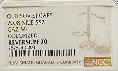 2008 Reverse Proof Niue Silver Dollar $2 NGC PF70UC Old Soviet Cars - Gaz M1 Emka Colorized (1 of 2) Mint
