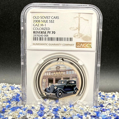 2008 Reverse Proof Niue Silver Dollar $2 NGC PF70UC Old Soviet Cars - Gaz M1 Emka Colorized (1 of 2) Mint