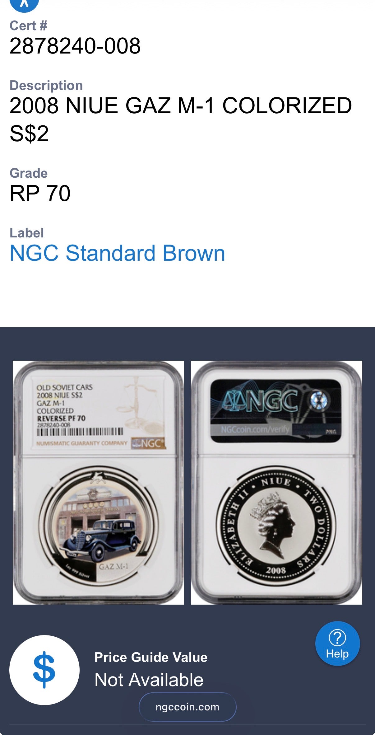 2008 Reverse Proof Niue Silver Dollar $2 NGC PF70UC Old Soviet Cars - Gaz M1 Emka Colorized (1 of 2) Mint