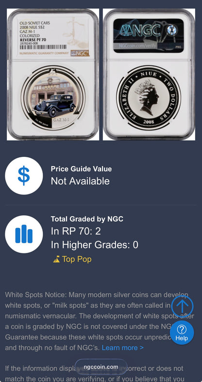 2008 Reverse Proof Niue Silver Dollar $2 NGC PF70UC Old Soviet Cars - Gaz M1 Emka Colorized (1 of 2) Mint