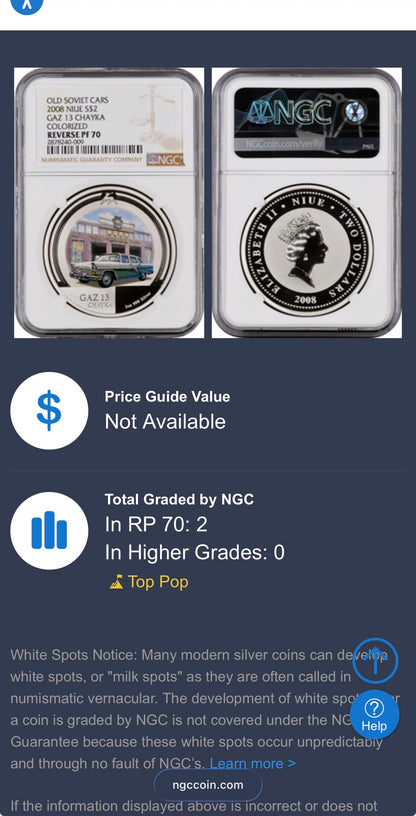 2008 Reverse Proof Niue Silver Dollar $2 NGC PF70UC Old Soviet Cars - Gaz M13 Chayka Colorized (1 of 2) Mint