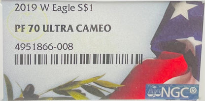 Proof 2019 (W) $1 American Silver Eagle NGC PF70 American Flag Label #487 (Rare Label)