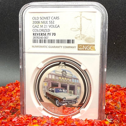 2008 Reverse Proof Niue Silver Dollar $2 NGC PF70UC Old Soviet Cars - Gaz M21 Volga Colorized (1 of 2) Mint