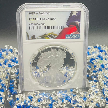Proof 2019 (W) $1 American Silver Eagle NGC PF70 American Flag Label #487 (Rare Label)