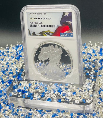 Proof 2019 (W) $1 American Silver Eagle NGC PF70 American Flag Label #487 (Rare Label)