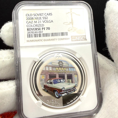 2008 Reverse Proof Niue Silver Dollar $2 NGC PF70UC Old Soviet Cars - Gaz M21 Volga Colorized (1 of 2) Mint
