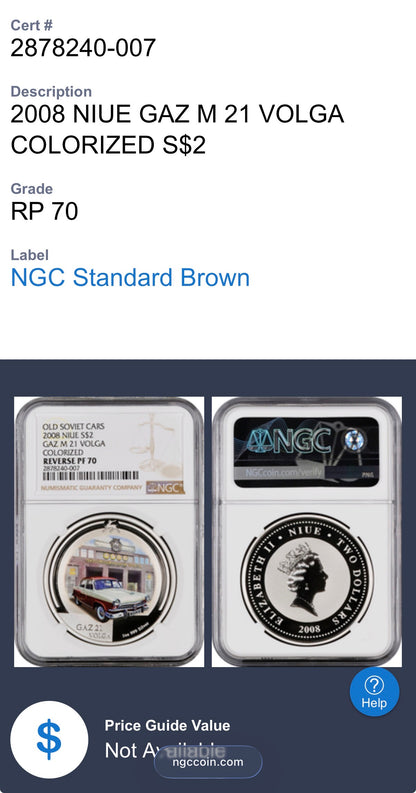 2008 Reverse Proof Niue Silver Dollar $2 NGC PF70UC Old Soviet Cars - Gaz M21 Volga Colorized (1 of 2) Mint