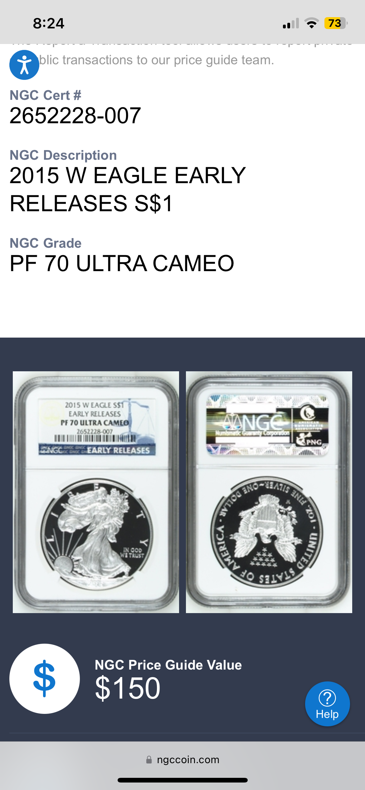 Proof 2015 (W) $1 American Silver Eagle NGC PF70 Early Releases Modern Blue Label Mint Condition (1 of 9,265)