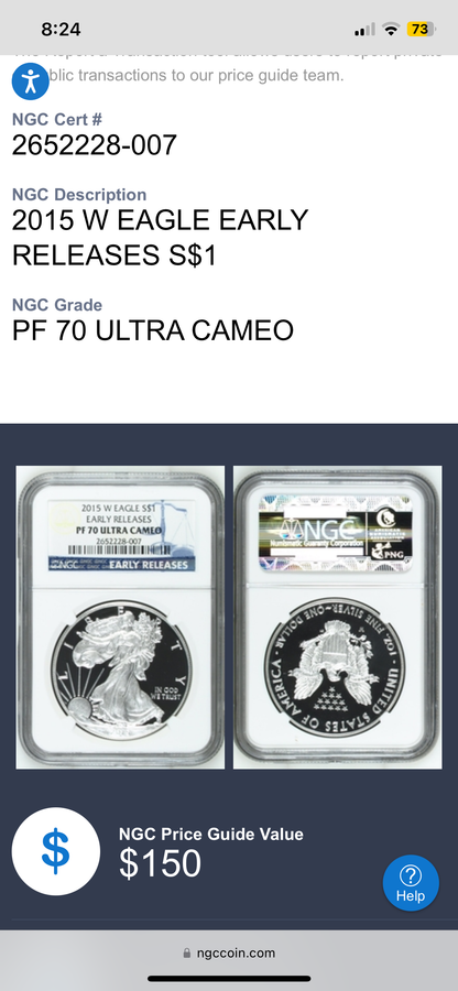 Proof 2015 (W) $1 American Silver Eagle NGC PF70 Early Releases Modern Blue Label Mint Condition (1 of 9,265)
