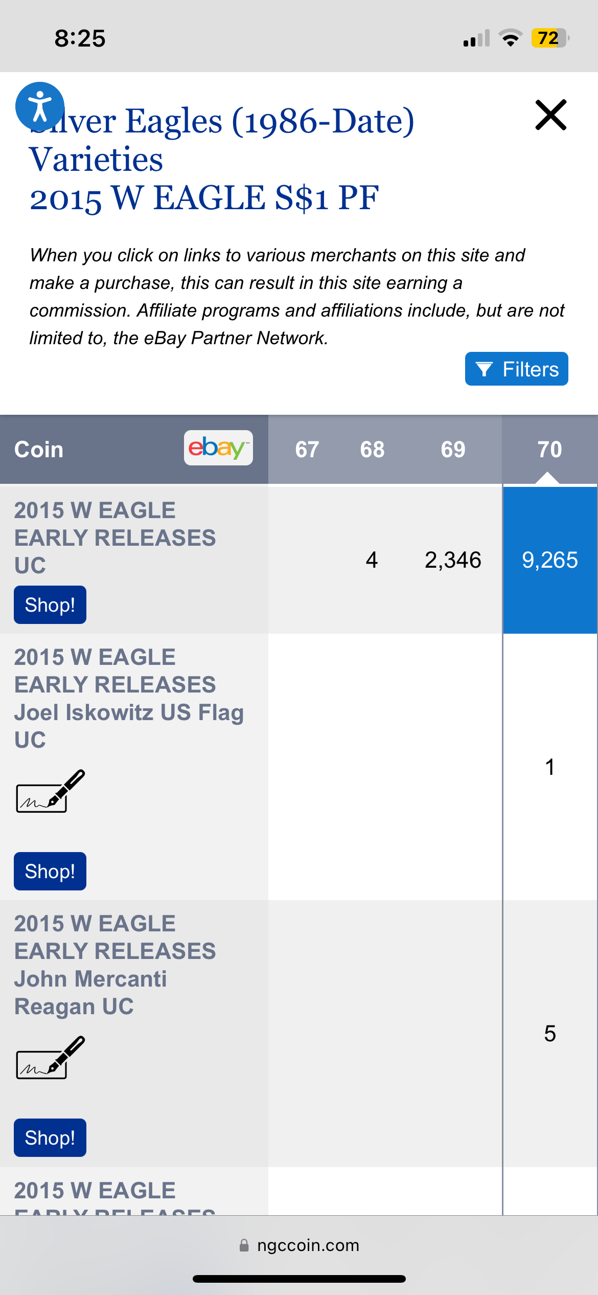 Proof 2015 (W) $1 American Silver Eagle NGC PF70 Early Releases Modern Blue Label Mint Condition (1 of 9,265)