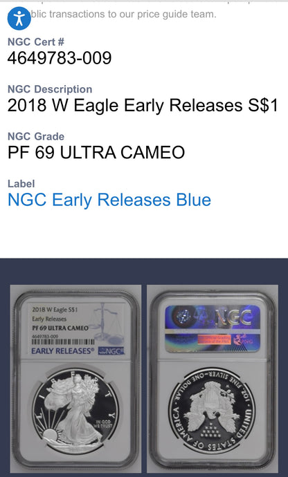 Proof 2018 (W) $1 American Silver Eagle NGC PF69 Early Releases Modern Blue Label Mint Condition (1 of 1,778)