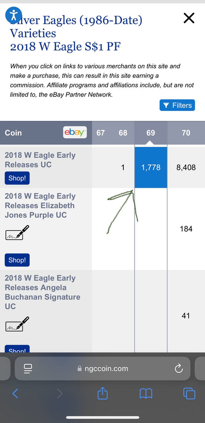Proof 2018 (W) $1 American Silver Eagle NGC PF69 Early Releases Modern Blue Label Mint Condition (1 of 1,778)