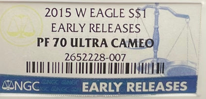 Proof 2015 (W) $1 American Silver Eagle NGC PF70 Early Releases Modern Blue Label Mint Condition (1 of 9,265)