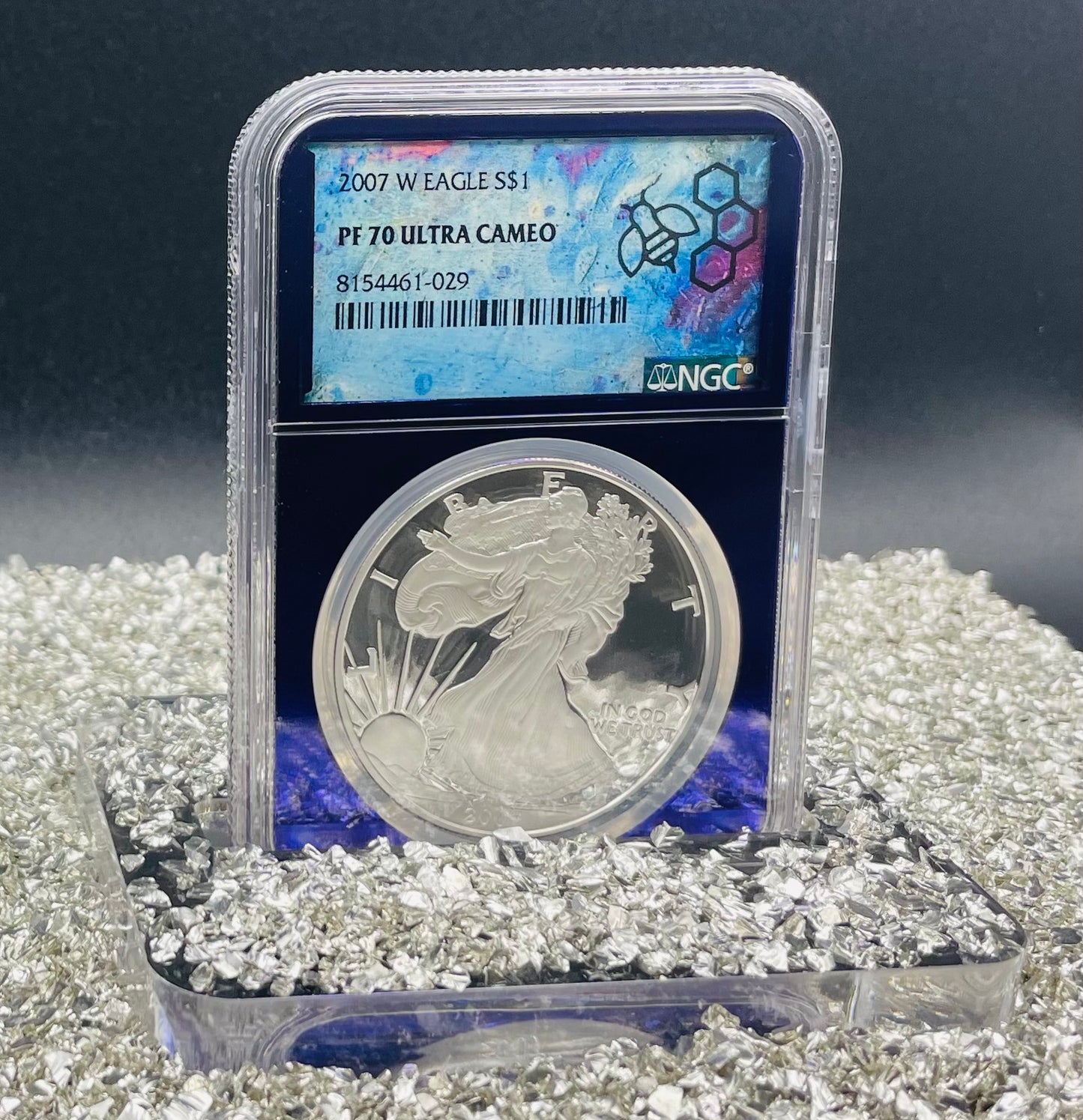 Proof 2007 (W) $1 American Silver Eagle NGC PF70 Trader Bea Private Issue Purple Foil Holder Rare