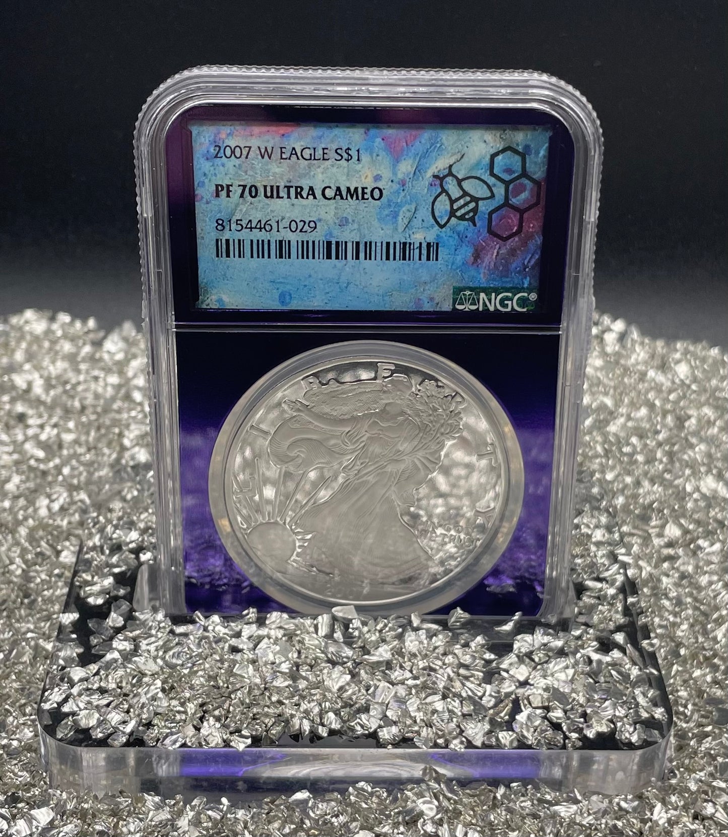 Proof 2007 (W) $1 American Silver Eagle NGC PF70 Trader Bea Private Issue Purple Foil Holder Rare