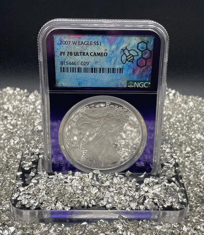 Proof 2007 (W) $1 American Silver Eagle NGC PF70 Trader Bea Private Issue Purple Foil Holder Rare