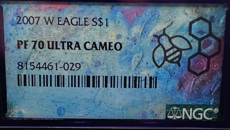 Proof 2007 (W) $1 American Silver Eagle NGC PF70 Trader Bea Private Issue Purple Foil Holder Rare