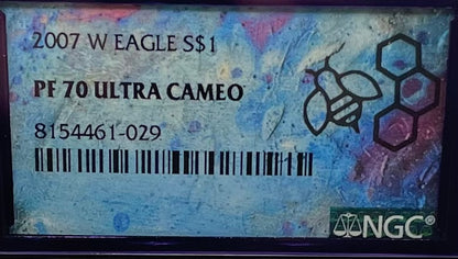 Proof 2007 (W) $1 American Silver Eagle NGC PF70 Trader Bea Private Issue Purple Foil Holder Rare