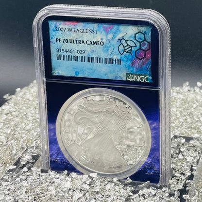 Proof 2007 (W) $1 American Silver Eagle NGC PF70 Trader Bea Private Issue Purple Foil Holder Rare