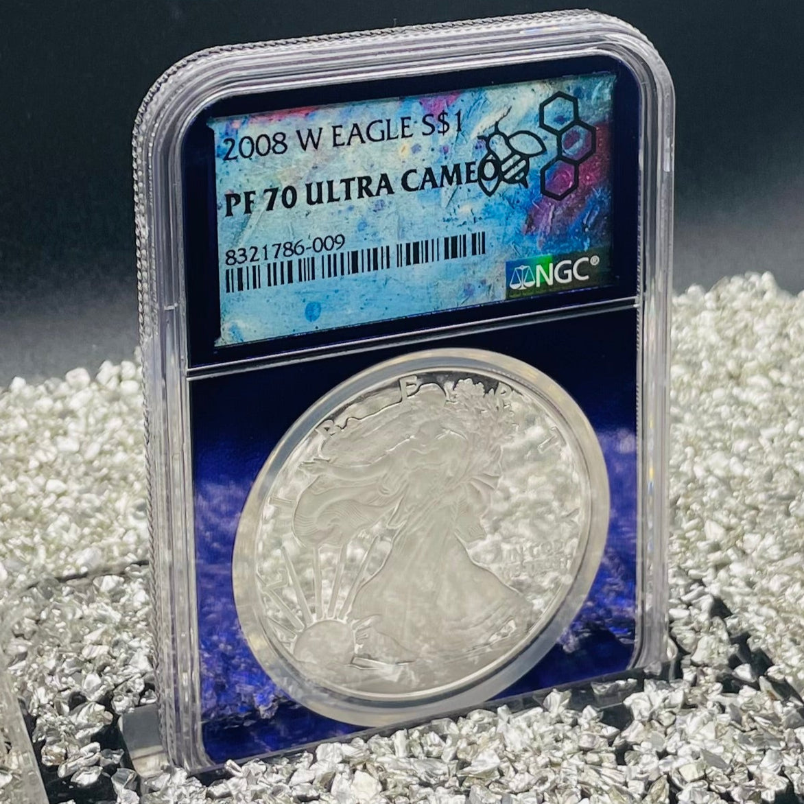Proof 2008 (W) $1 American Silver Eagle NGC PF70 Trader Bea Private Issue Purple Foil Holder Rare