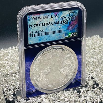 Proof 2008 (W) $1 American Silver Eagle NGC PF70 Trader Bea Private Issue Purple Foil Holder Rare