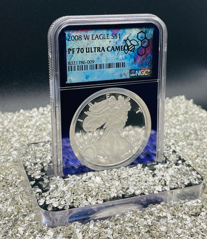 Proof 2008 (W) $1 American Silver Eagle NGC PF70 Trader Bea Private Issue Purple Foil Holder Rare