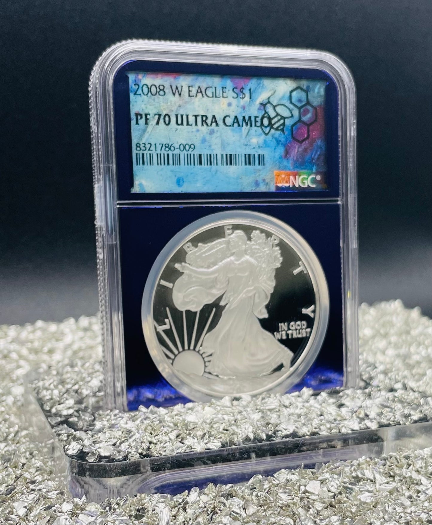 Proof 2008 (W) $1 American Silver Eagle NGC PF70 Trader Bea Private Issue Purple Foil Holder Rare