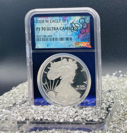 Proof 2008 (W) $1 American Silver Eagle NGC PF70 Trader Bea Private Issue Purple Foil Holder Rare