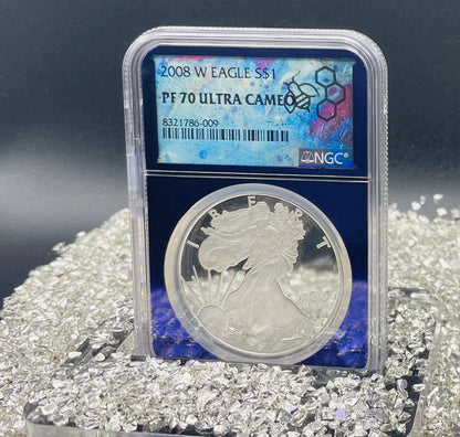 Proof 2008 (W) $1 American Silver Eagle NGC PF70 Trader Bea Private Issue Purple Foil Holder Rare