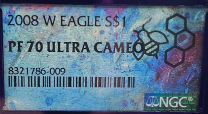 Proof 2008 (W) $1 American Silver Eagle NGC PF70 Trader Bea Private Issue Purple Foil Holder Rare