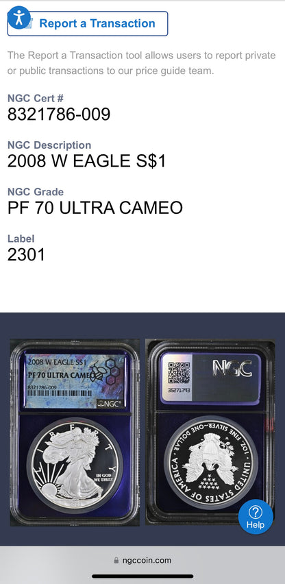 Proof 2008 (W) $1 American Silver Eagle NGC PF70 Trader Bea Private Issue Purple Foil Holder Rare